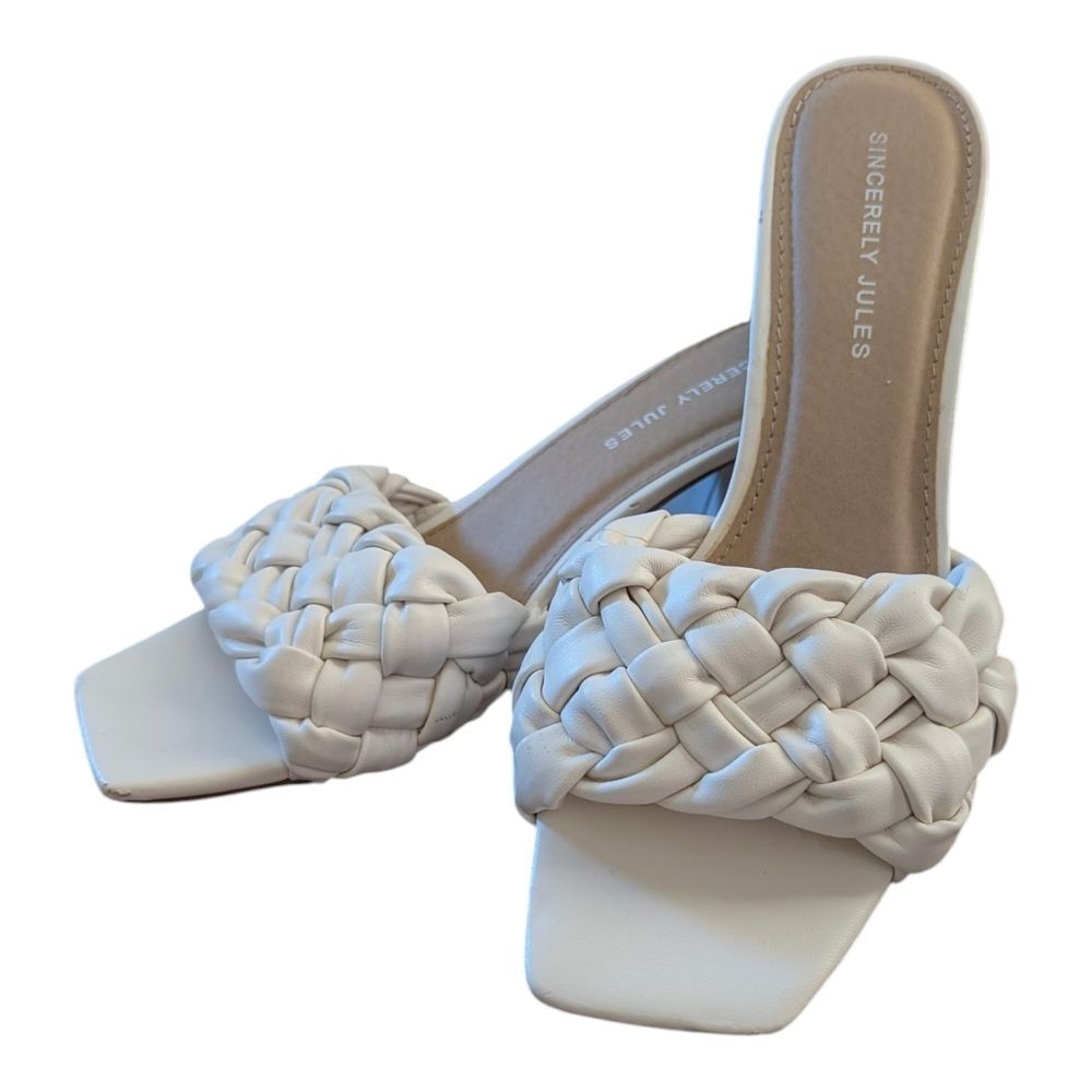 Sincerely Jules Off White Braided Open Toe Square Toe Heeled Sandals Size 6.5